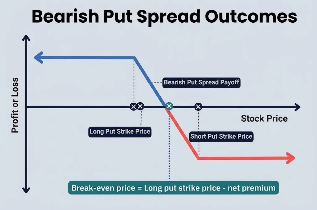 Bearish put spread payoff diagram: max profit left of short put strike, break-even between strikes, max loss right of long put strike